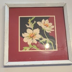 Vintage Handpainted Floral Art in White Frame